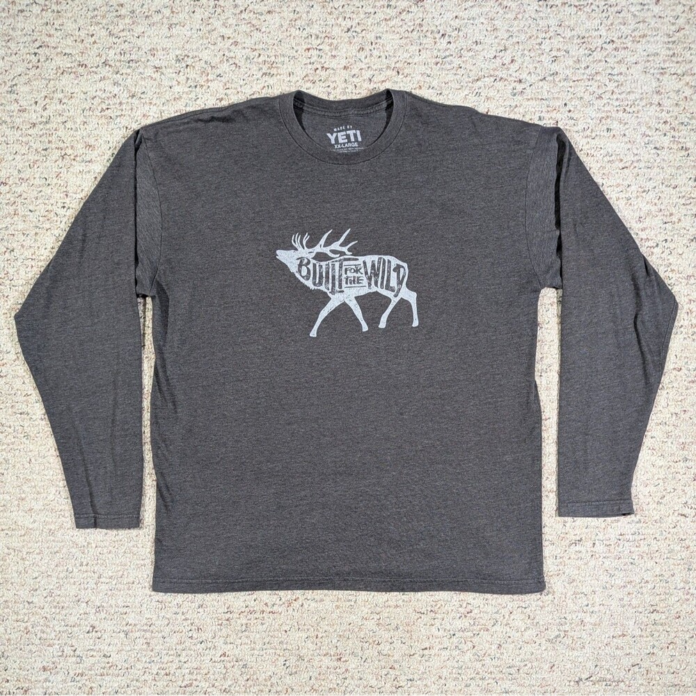 YETI T-Shirt Built for the Wild Men 2XL Bugling Elk Heather Gray Long Sleeve Tee